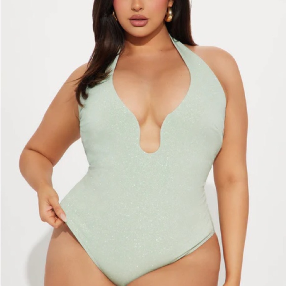 Fashion Nova Green Bodysuit with Plunging V-Neck